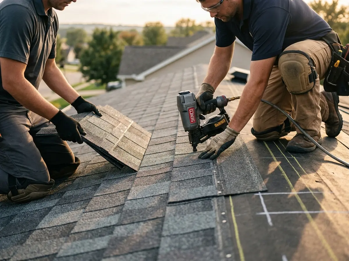 Professional roofer working on a residential roof in Alta Sierra